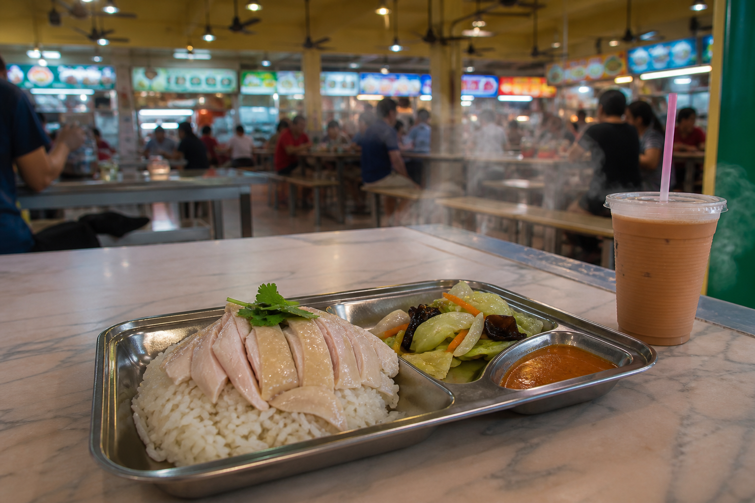 Chicken rice and vegetables on a stainless hawker tray with a cup of drink