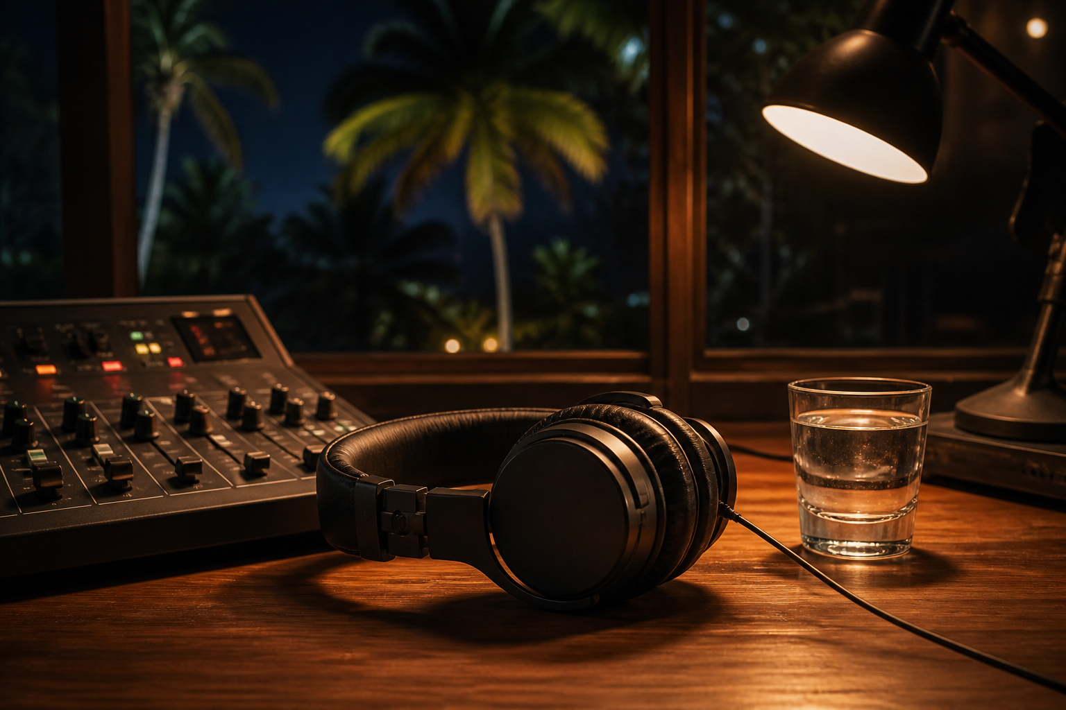 Studio headphones resting on a wooden mixing desk at night beside a glass of water