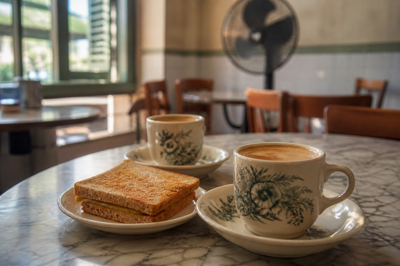 Two cups of kopi and kaya toast on a marble kopitiam table in morning light