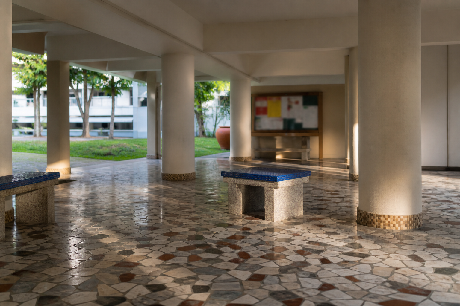 Open void deck with round pillars, benches, and afternoon light