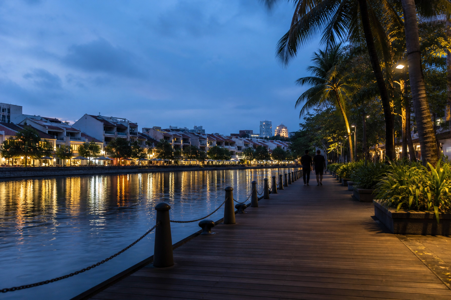 Robertson Quay riverside at blue hour, near the listening desk