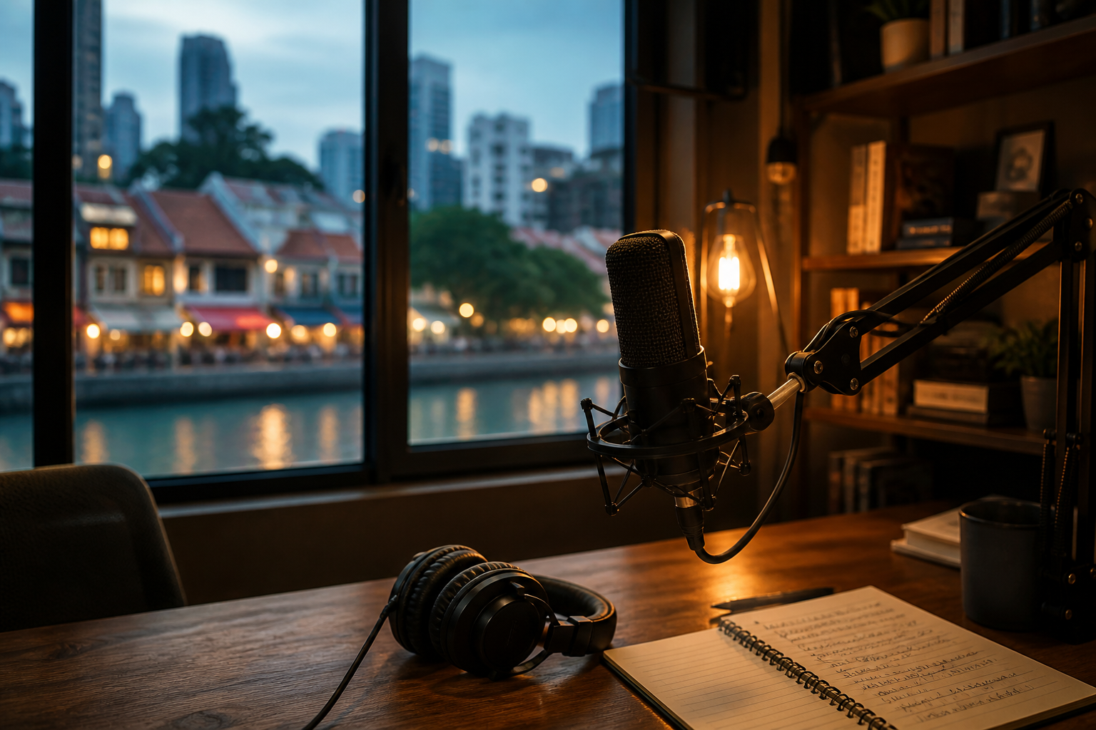 Condenser microphone and notebook on a wooden studio desk at dusk, with a tropical riverfront visible through the window